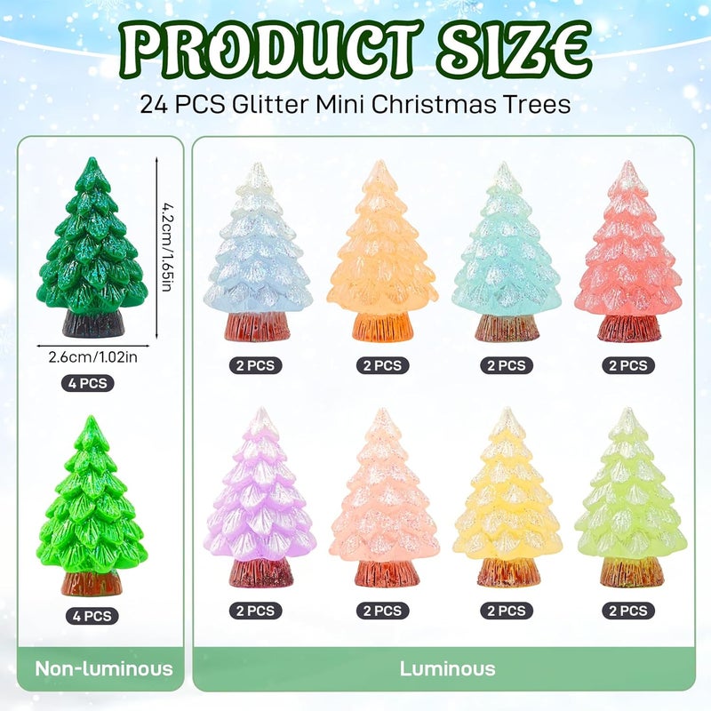 Feivando 24 Pcs Mini Glitter Christmas Tree Figurines Glow in The Dark Xmas Luminous Resin Tree Miniature for Holiday DIY Crafts Garden Micro Landscape Party Home Tabletop Decoration - Image 2